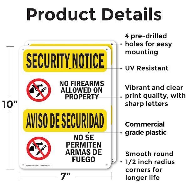 Signmission No Guns Allowed Bilingual OSHA Security Notice Sign, Plastic, 7in W x 10in L, 2PK - OS-2PACK-SN-P-710-L-11612