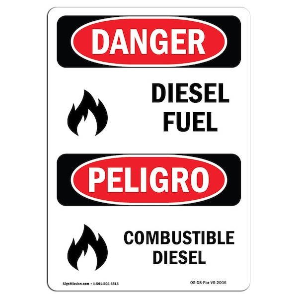 Signmission Safety Sign, OSHA Danger, 14" Height, Combustible Diesel, Bilingual Spanish - OS-DS-D-1014-VS-2006