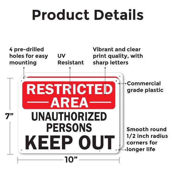Signmission Restricted Area Unauthorized People Keep Out OSHA ANSI Sign, Plastic, 10in W x 7in L, 2PK - OS-2PACK-MISC-P-710-L-19512