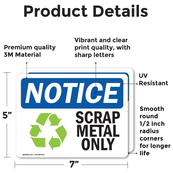 Signmission Scrap Metal Only Sign With Symbol, 7 in W x Rectangle, Vinyl Decal - OS-2PACK-NS-D-57-L-18255