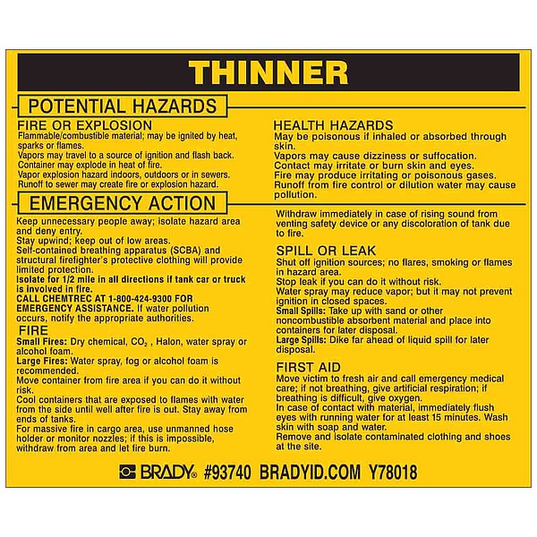 Brady Chemical Label, 3 3/4 in H, 4 1/2 in W, 93740 - 93740