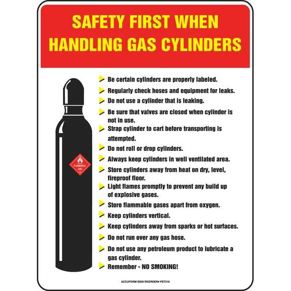 Accuform Safety Poster, Safety First When Handling Gas Cylinders, 22 in H x, 17 in W, Plastic - SP124489L