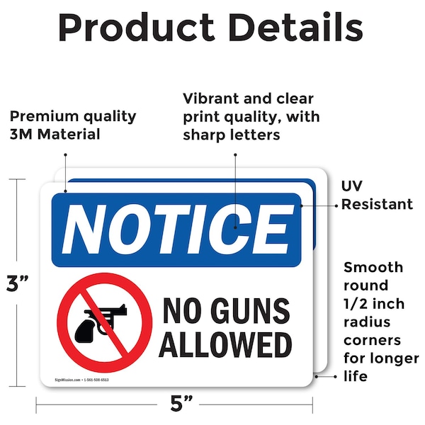 Signmission No Guns Allowed OSHA Notice Sign, Vinyl Decal, 5in W x 3.5in L, 2PK - OS-2PACK-NS-D-35-L-16133