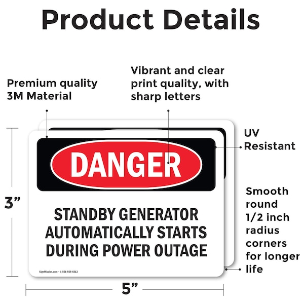 Signmission Standby Generator Automatically Starts During, 5 in W x Rectangle, Vinyl Decal - OS-2PACK-DS-D-35-L-1946