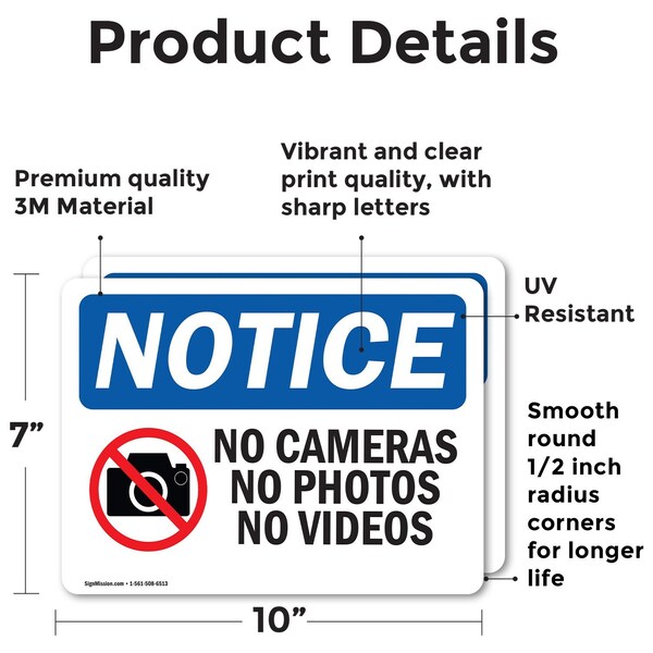 Signmission No Cameras No Photos No Videos Sign With Symbol, 10 in W x Rectangle, Vinyl Decal - OS-2PACK-NS-D-710-L-14402