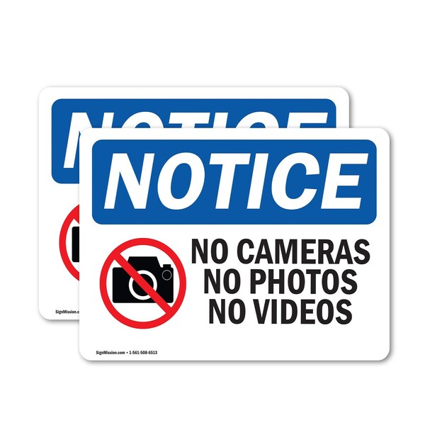 Signmission No Cameras No Photos No Videos Sign With Symbol, 10 in W x Rectangle, Vinyl Decal - OS-2PACK-NS-D-710-L-14402