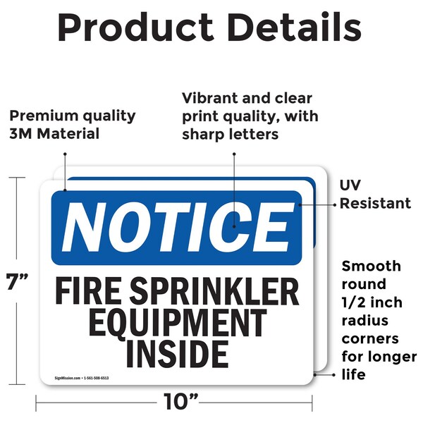 Signmission Fire Sprinkler Equipment Inside OSHA Notice Sign, Vinyl Decal, 10in W x 7in L, 2PK - OS-2PACK-NS-D-710-L-12665