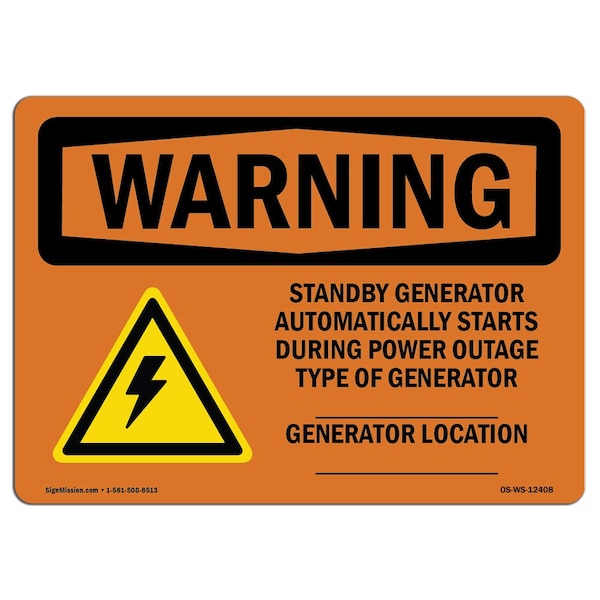 Signmission OSHA Warning Sign, 7" Height, Rigid Plastic, Standby Generator Automatically With Symbol, Landscape - OS-WS-P-710-L-12408