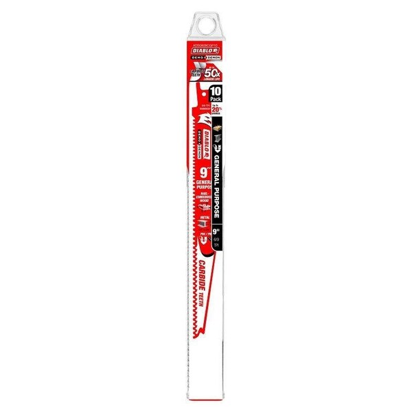 Diablo Demo Demon Reciprocating Saw Blade, 1 in W, 9 in L, 6, 9 TPI, Carbide Cutting Edge - DS0909CGP10