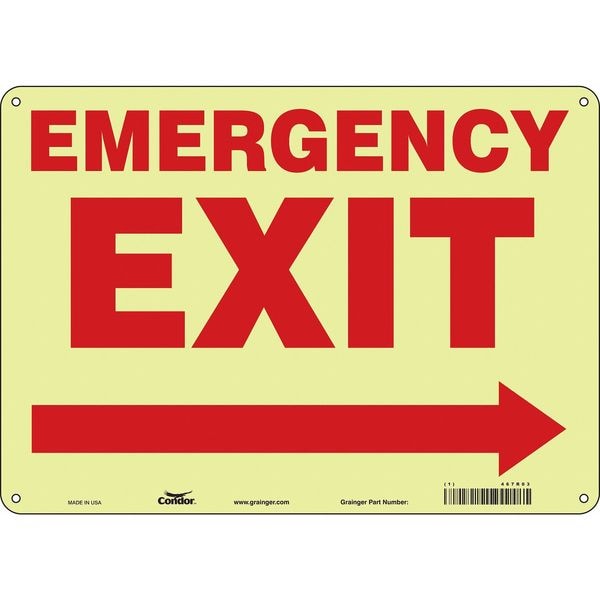 Condor Exit Sign, Plastic, 14" W, 10" H, EMERGENCY EXIT W/SYMBOL, White - 467R03