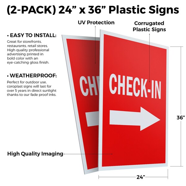 Signmission Check-in With Arrow, Plastic Signs Only 24 Inch x 36 Inch, Corrugated Plastic, 2PK - CSB-2436-2PACK-CHECK-IN WITH ARROW