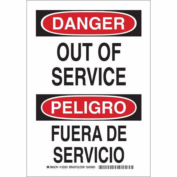 Brady Danger/Peligro, Out Of Service/Fuera De Servicio, 10" W x 14" H, Rectangle, Aluminum, 125292 - 125292