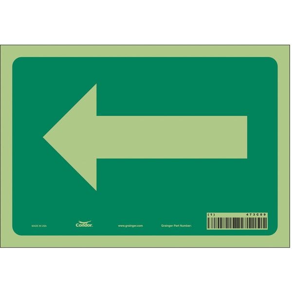 Condor Directional Sign, Left Arrow, 10 in W x 7 in H, Vertical Rectangle, Glow Vinyl, 473C09 - 473C09