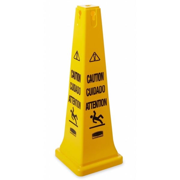 Rubbermaid Commercial Safety Cone, 36 in H, 12 1/4 in W, HDPE, Cone, English, French, Spanish, FG627600YEL - FG627600YEL