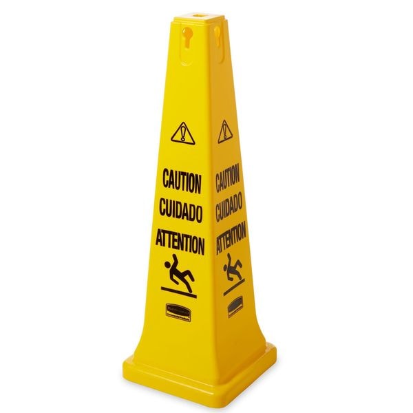 Rubbermaid Commercial Safety Cone, 36 in H, 12 1/4 in W, HDPE, Cone, English, French, Spanish, FG627600YEL - FG627600YEL