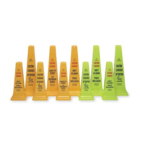 Rubbermaid Commercial Safety Cone, 36 in H, 12 1/4 in W, HDPE, Cone, English, French, Spanish, FG627600YEL - FG627600YEL