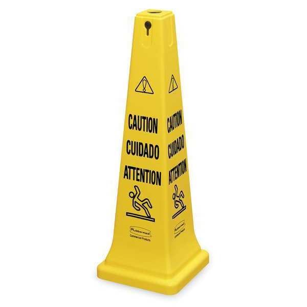 Rubbermaid Commercial Safety Cone, 36 in H, 12 1/4 in W, HDPE, Cone, English, French, Spanish, FG627600YEL - FG627600YEL