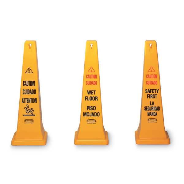 Rubbermaid Commercial Safety Cone, 36 in H, 12 1/4 in W, HDPE, Cone, English, French, Spanish, FG627600YEL - FG627600YEL