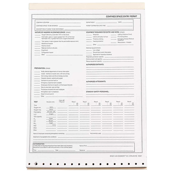 Brady Confined Space Entry Permit, 11 in Height, 8 1/2 in Width - 65937