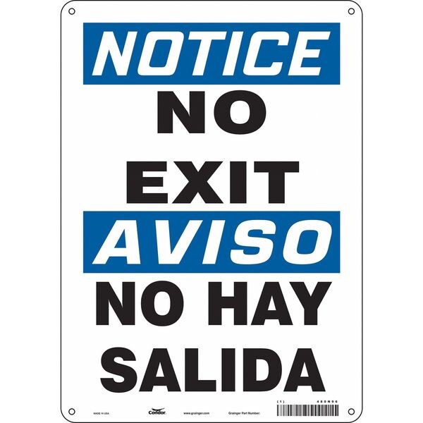 Condor Exit Sign, Plastic, 10" W, 14" H, No Exit/No Hay Salida, White - 480N96