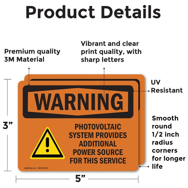 Signmission Photovoltaic System Provides With Symbol OSHA Warning Sign, Vinyl Decal, 5in W x 3.5in L, 2PK - OS-2PACK-WS-D-35-L-12306