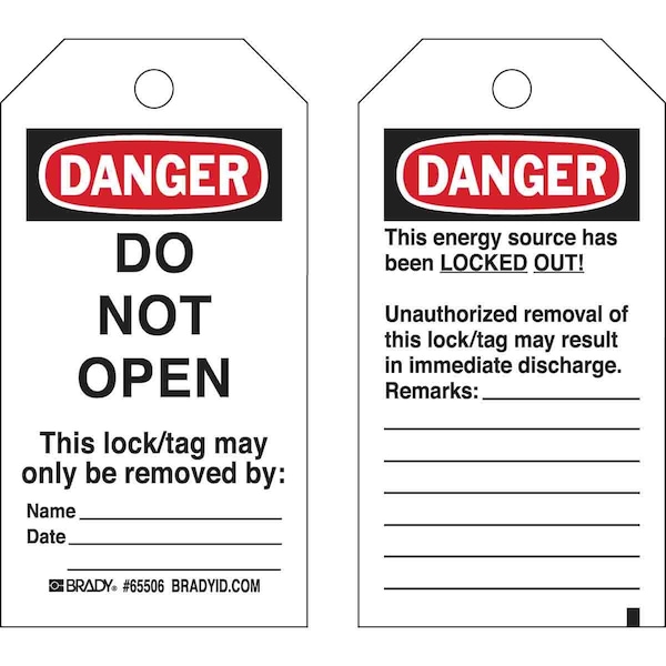 Brady Danger Tag, Polyester, 5 1/2 in H x 3 in W, Black/Red on White, 25 PK - 65506