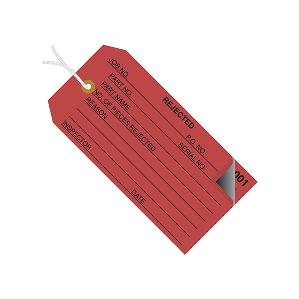 Bsc Preferred 4 3/4 x 2-3/8'' - ''Rejected'' Inspection Tags 2 Part - Numbered 000 - 499 - Pre-Strung, 500PK - BUY00030765