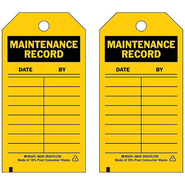 Brady Tag, Safety, Heavy Duty Polyester, 5 3/4 in H x 3 in W, Black on Yellow, Rectangle, 10 PK - 86445