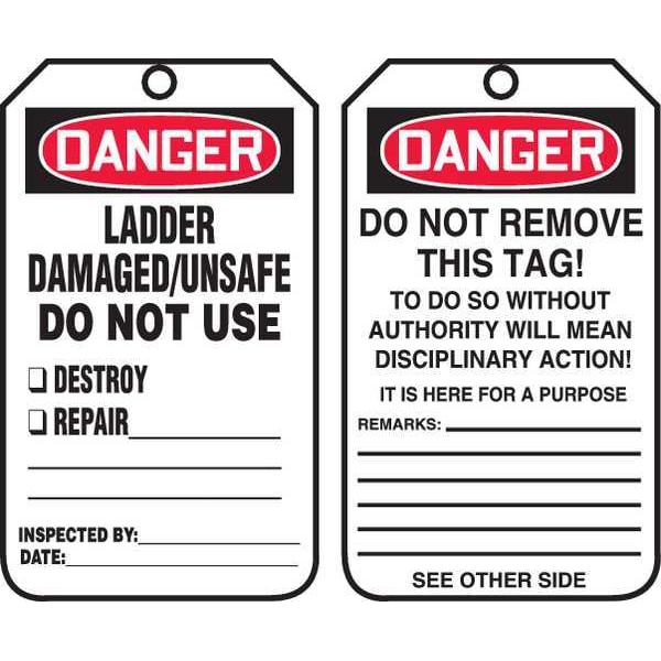 Accuform Tag, Danger, Plastic, 5 3/4 in H x 3 1/4 in W, White, Rectangle, 25 PK - MDT182PTP