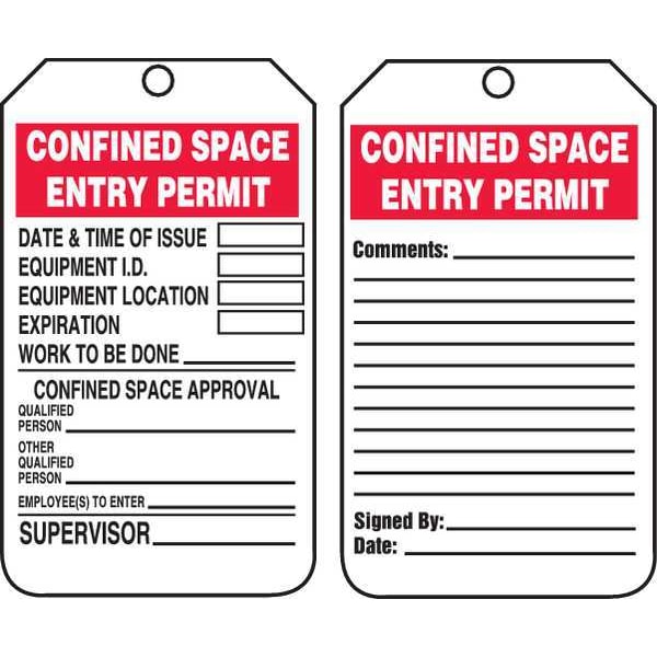 Accuform Permit Tag, Confined Space, Cardstock, 5 3/4 in H x 3 1/4 in W, White, Rectangle, 25 PK - TCS323CTP