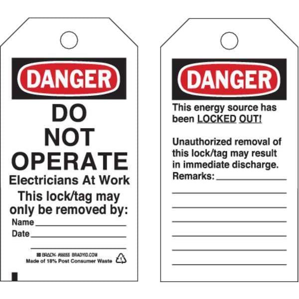 Brady Danger Tag, Polyester, 5 3/4 in H x 3 in W, Black/Red on White, Rectangle, 25 PK - 66055