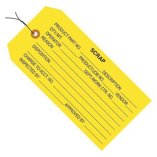 Partners Brand Tag Wired Scrap, 4-3/4"x2-3/8", PK1000, 13 Point Cardstock, 4 3/4" W, Yellow, 1000 PK - G20053