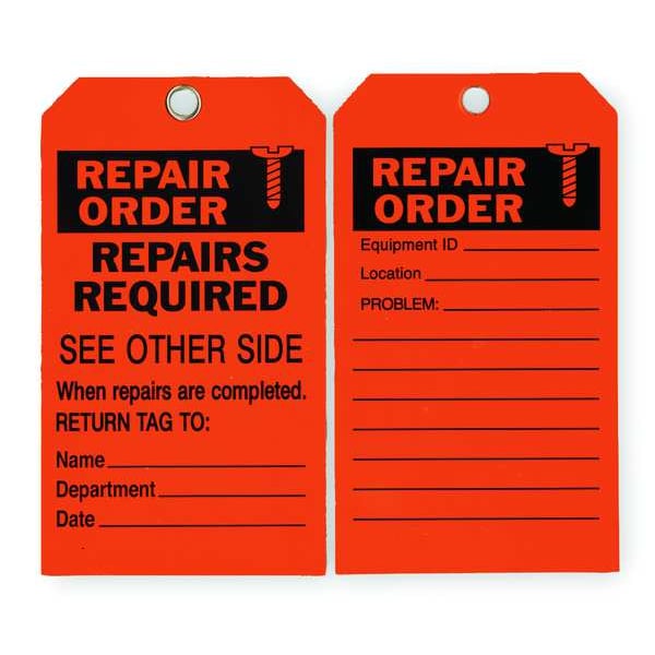Zoro Select Tag, Repair, Polyester, 7 in H x 4 in W, Orange, Rectangle, 10 PK - 2RMU8