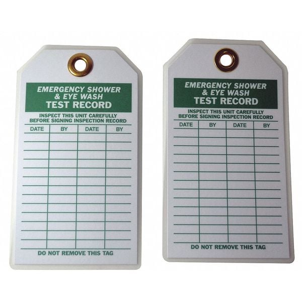 Zoro Select Tag, Emergency Shower & Eye Wash Test, Polyester, 7 in H x 4 in W, White, Rectangle, 10 PK - 20TH06