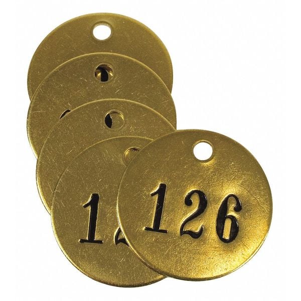 Zoro Select Numbered Tag, Brass, 1 1/2 in H x 1 1/2 in W, Yellow, Round, 25 PK - 40028