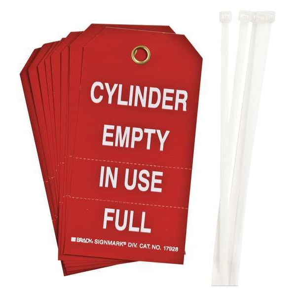 Brady Cylinder Status Tag, Lockout Tagout, Polyester, 5 3/4 in H x 3 in W, 3/8 in Dia., Red, White, 10 PK - 17928