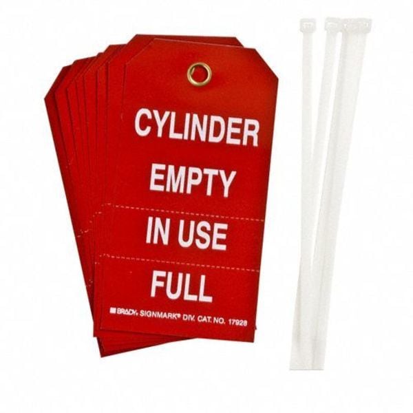 Brady Cylinder Status Tag, Lockout Tagout, Polyester, 5 3/4 in H x 3 in W, 3/8 in Dia., Red, White, 10 PK - 17928