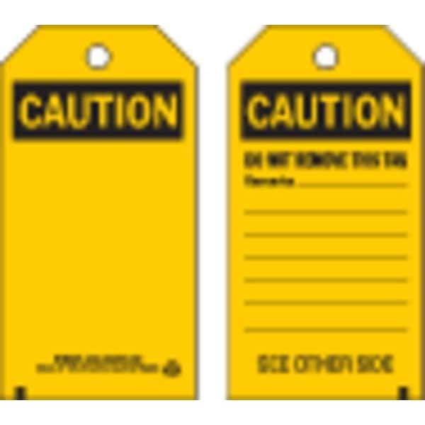 Brady Caution Tag, Warning Tags, Polyester, 5 3/4 in H x 3 in W, Black, Yellow, Rectangle, 10 PK - 86456