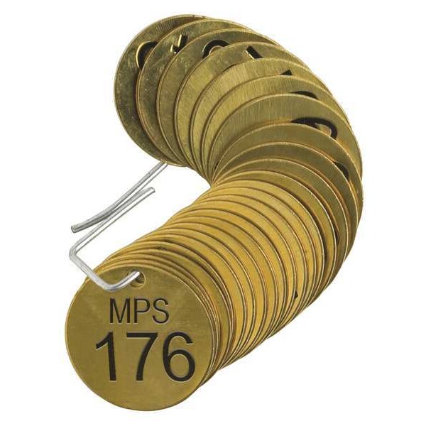 Brady Numbered Tag, Brass, 1 1/2 in H x 1 1/2 in W, 1 1/2 in Dia., Brass, Round, 25 PK - 44707