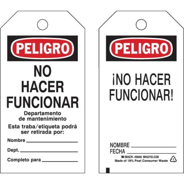 Brady Danger Tag, Polyester, 5 3/4 in H x 3 in W, Rectangle, 25 PK - 39446