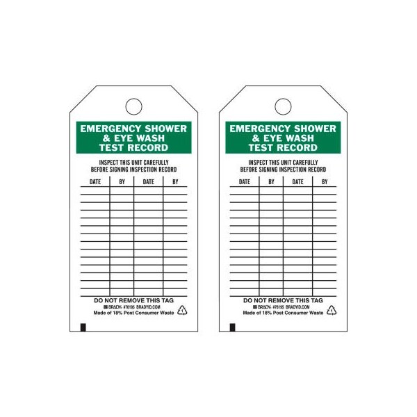 Brady Brady Emergency Shower & Eye Wash Test Record Tag, Polyester, 3inW x 5-3/4inH, 25/Pkg - 76195