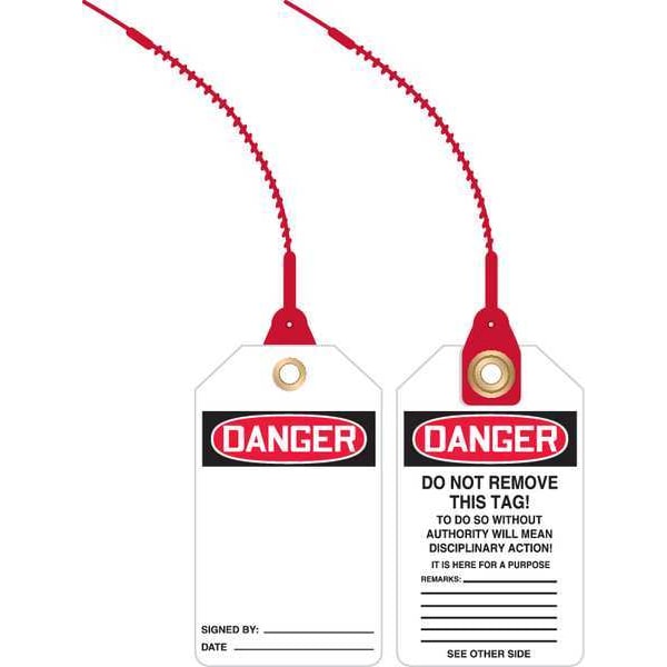 Accuform Loop n Lock Danger Tag, General Safety, Plastic, 5 7/8 in H x 3 3/8 in W, White, Rectangle, 10 PK - TAK615