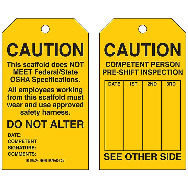 Brady Tag, Inspection, Polyester, 7 in H x 4 in W, Black on Yellow, Rectangle, 10 PK - 86629