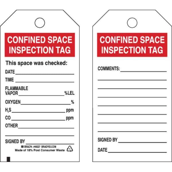 Brady Confined Space Tag, Confined Space, Polyester, 5 3/4 in H x 3 in W, Black, Red, White, Rectangle - 49227