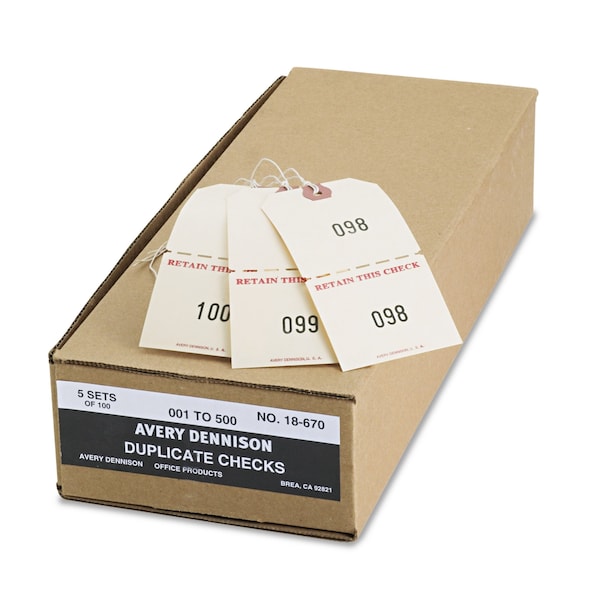 Avery Dennison Duplicate Claim Checks, PK500, Manila Card Stock, Manila, Rectangle, 500 PK - 18670