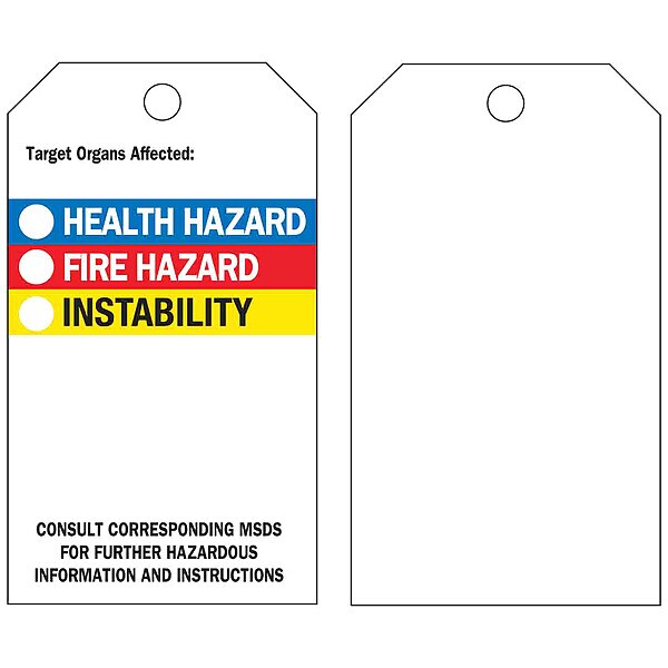 Brady Tag, Hazardous Materials, Vinyl, 5 3/4 in H x 3 in W, Black, Blue, Red, Yellow, Rectangle, 25 PK - 76236