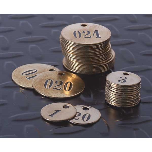 C.H. Hanson Numbered Tag, Brass, 1 in H x 1 in W, 1 in Dia., Brown, Round, 25 PK - 40004