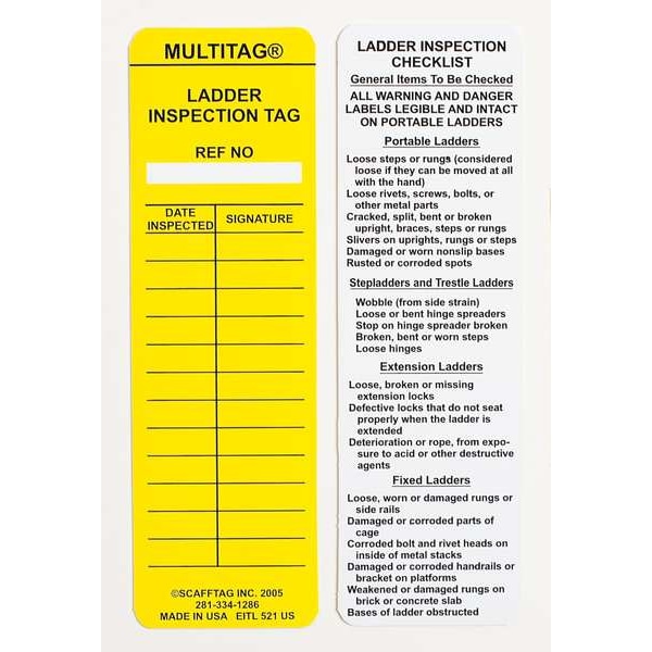 Brady Tag, Laddertag(TM) Insert, Polyester, 6 1/2 in H x 2 in W, Black, Yellow on White, Rectangle - LAD-EITL521