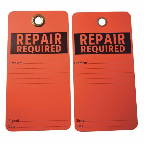 Zoro Select Tag, Repair, Cardstock, 3 in H x 5 3/4 in W, Red, Rectangle, 25 PK - 9EVZ6