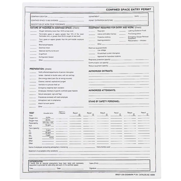 Brady Confined Space Entry Permits, Paper, 11 in H x 8 1/2 in W, Black, White, 25 PK - 65936